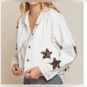POL  Frankie White Denim Jacket with Leopard Star  Applique - Size S
